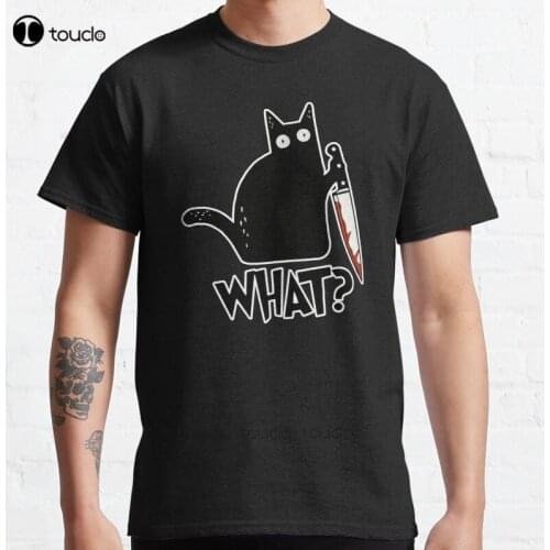 New Cat What? Murderous Black Cat With Knife Gift Premium Classic T-Shirt Cotton Men Tee Shirt