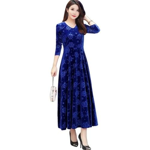 NEW Women Autumn Winter Dress Fashion Gold Velvet Dress Plus Size S-3XL Woman Long Sleeve Party Dress Elegant Long Dresses K919