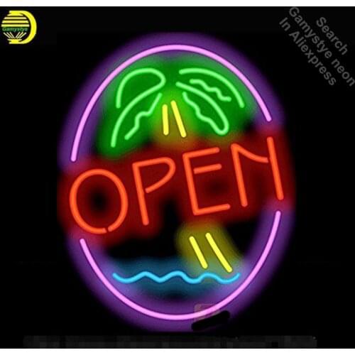 Palm Tree Open Neon Sign neon bulbs Sign neon lights Real Glass Tube Handcraft Iconic Sign store Display signboard 17X14