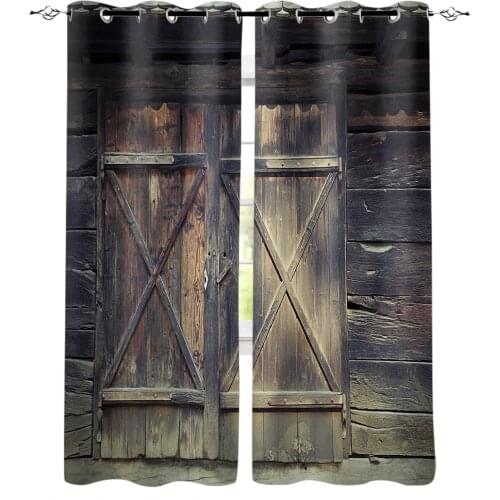 Retro Faded Old Wooden Door Window Curtains For Living Room Bedroom Home Decoration Panels For Kitchen Kids Curtains
