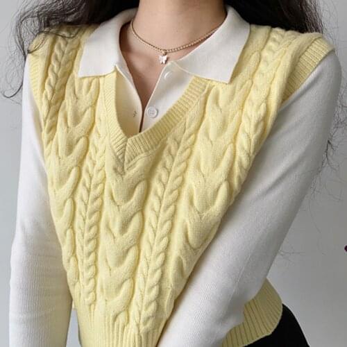 TVVOVVIN korean loose v-neck knitted sweater womens autumnTwist detail sleeveless all-match preppy style sweaters vest B0LH