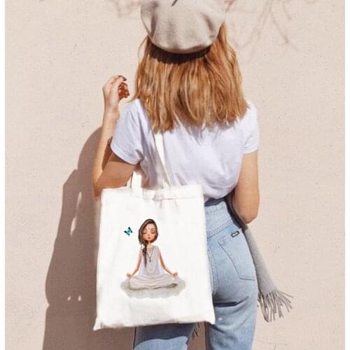 Women Canvas Shopping Bags Cartoon Girl Print Female Canvas Shoulder Bags Eco Handbag Tote Reusable Ladies Fashion Shopper Bags