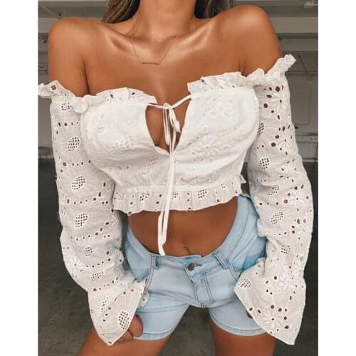 Hirigin Womens Sexy Slash Neck T-Shirt Fashion Pullover Ladies Casual Solid Lace Long Puff Sleeve Short Tee Tops Plus Size