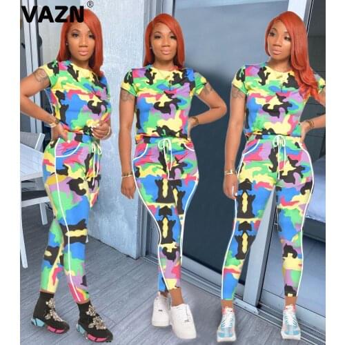 VAZN New Summer 2020 Punk Style Camouflage Sleeveless Full Pant Casual O-Neck Sets Sexy Shinny Women 2 Piece Set