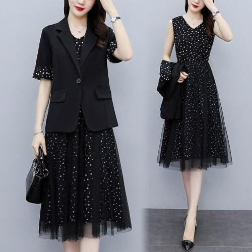 Women plus size L-5XL dress set Suit clothes fat XXXL 3XL XXXXL 4XL 100KG woman wear top coat+mesh dress 2 piece summer Suit set