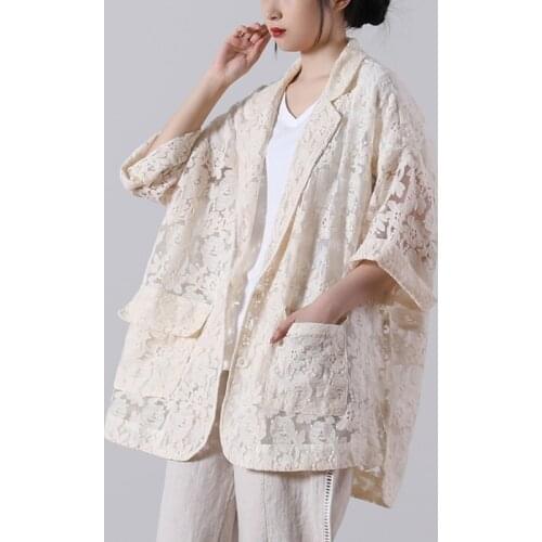Female new summer plus size outerwear two button V-neck patch hollow lace casual loose suit jacket
