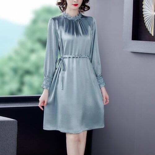 2021 Autumn Vintage Office Lady Casual Satin Dresses Spring Pink Embroidery Silk Midi Dress Women Elegant Bodycon Party Vestidos