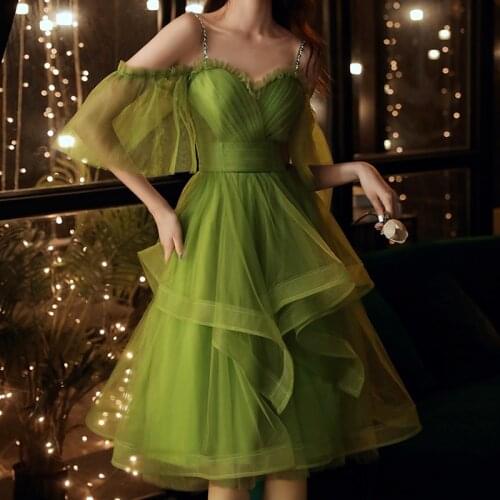 Women Runway Ruffle New Sweet Elegant Green Dress Midcalf Lady Princess Banquet Luxurious Noble Ball Dress Gown 2021 New Fashion