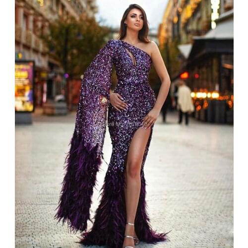 2020 Islamic Kaftans Glitter Purple Mermaid Evening Dress Floor-Length Sequins Prom Dress Slit вечернее платье Middle East Dubai