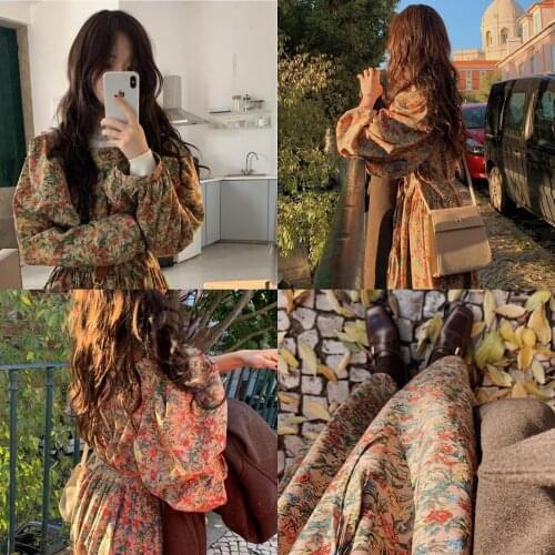 S XL New New Spring femme Dress Girls print Boho Female Vintage Dress black Long Sleeve Women Dresses long Robe Vestido