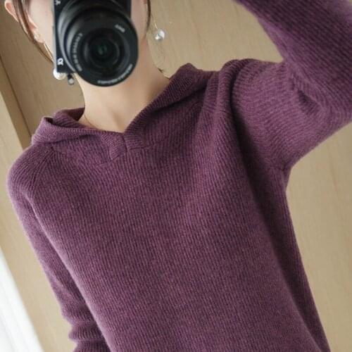 100% Pure Wool New Cashmere Sweater Womens Hooded Collar Solid Color Pullover Fashion Plus Size Warm Knitted Bottoming Shirt