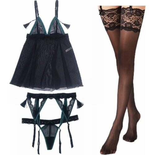 Sexy Lingerie Lace Nightgown Female Breathable Nightdress Babydoll Sleepwear Garter Thong Stockings 4 Pcs