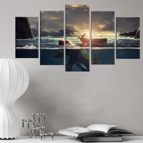 Home Decor Canvas HD Printed Pictures Framed 5 Pieces Sunset Fishing Boat Paintings Big Fish Landscape Posters Wall Art