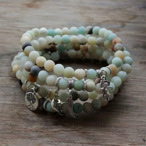 6mm Natural Stone Strand Matte Frosted Amazonite beads with Charm Pendant Healing Balance Beads Yoga Bracelet