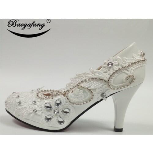 BaoYaFang Shallow Round Toe White Lace Wedding shoes Woman Med Heel Bride Dress Shoe female Autumn New arrival shoe