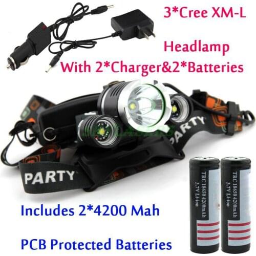 Big Sale! 3 x XM-L XML T6 LED 5000LM Headlight Light Head lamp + 2 * PCB Protected 4200Mah 18650 batteries + 2 * Charger
