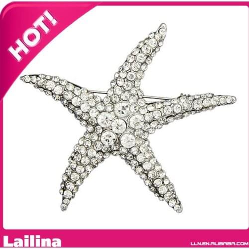 White Gold tone Five-pointed Star Brooch Pin, starfish rhinestone brooch