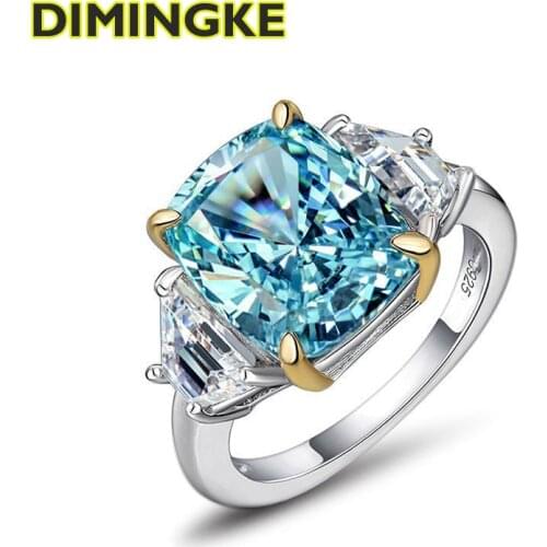 DINMINGKE 100%-S925 Silver Super Flash 10*12 Aquamarine Yellow Pink Diamond Ring Woman Wedding Party Birthday Jewelry Gift