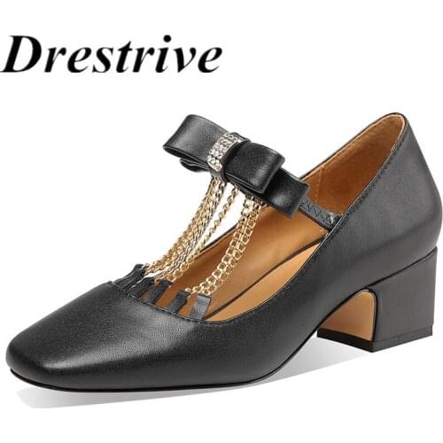 Drestrive Women Pumps Square Toe Pink Chain Cow Leather Butterfly Knot 2021 Summer Fashion Thick High Heel Shoes Mary Janes
