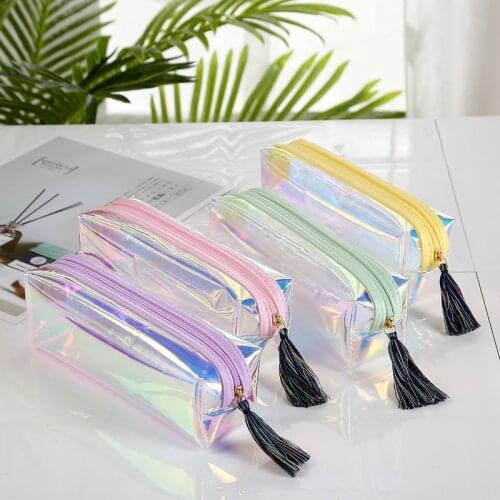 Student korean stationery Cool trend laser transparent color pencil case pencil storage bag cylinder tassel kawaii makeup bag
