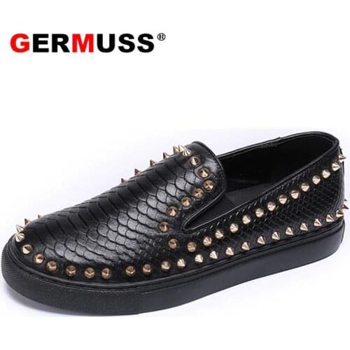 Plus Size 38-46 Snake Leather loafer mocassin shoes men velvet Slip On Luxury Handmade spiked Loafers men black Flat shoes