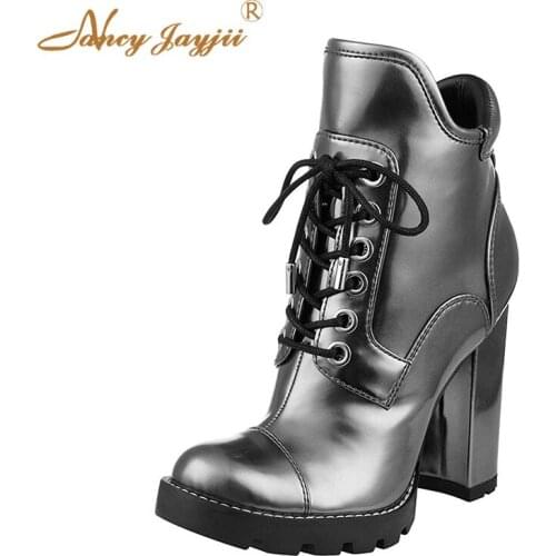 Women Shoes Adult Ladies Boots Silvery Solid Zipper Lace-Up Cross-tied Super High Square heels Round Toe Mature Fashion 2019