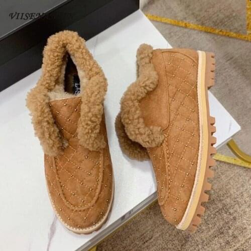 2021 New Winter Fur Snow Boots Crystal Real Leather Slip on Lazy Loafers Shoe Comfortable Wool New Rivets Ankle Boots Short Shoe