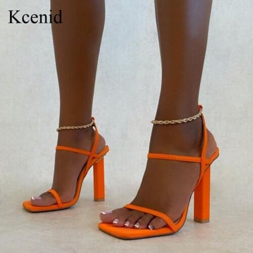Kcenid New Summer Women Sandals Trendy Square Toe Elastic Strap High Heels Shoes Ladies Fashion Chain Ankle Design Pumps Female