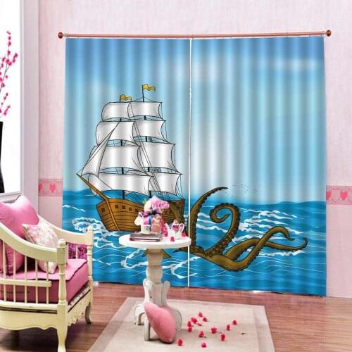 Personalized Cartoon Blue Sailing Big Octopus on the Sea Window Curtain For Living room bedroom balckout Home Indoor Drapes
