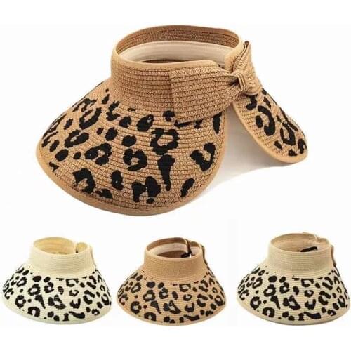 Women Summer Breathable Straw Leopard Print Sun Hats Topless Empty Sun Visor Cap Foldable hat Adjustable Nature Beach Bow Cap