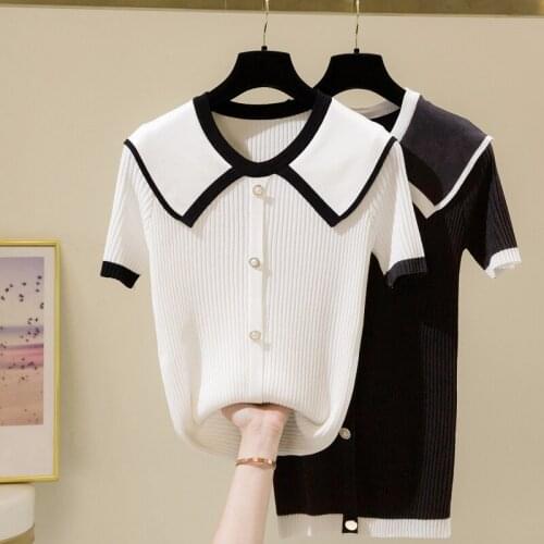 Summer Knitted Sweater Women Pullovers Thin Elastic Sweater for Woman Female Jumper Short Sleeve V Neck Office Lady Tops 2021