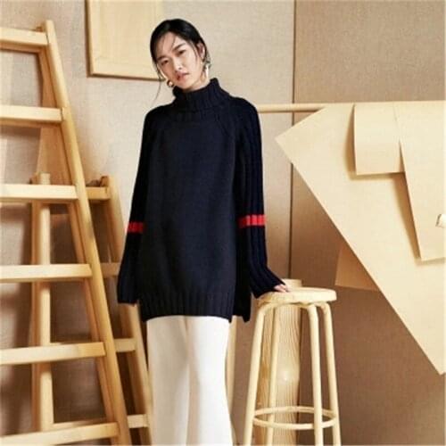 100% hand made pure wool turtleneck knit women fashion open hem solid loose long pullover sweater white 4color customized