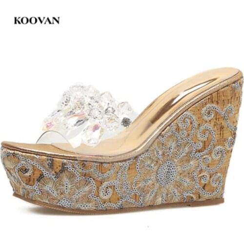 Koovan Women Pumps Slipper 2018 Summer New Rhinestone Beads Slope With Thick Bottom Slippers Waterproof Womens Sandals