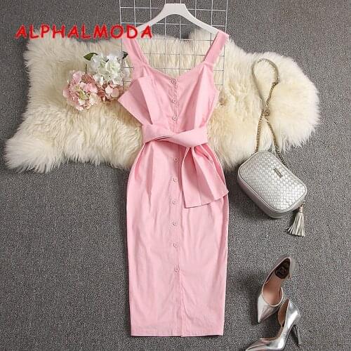 ALPHALMODA New Arrived Womens Sleeveless Cotton Dress Bow Sashes Single Breasted Ladies Elegant Tank Dress Vestidos