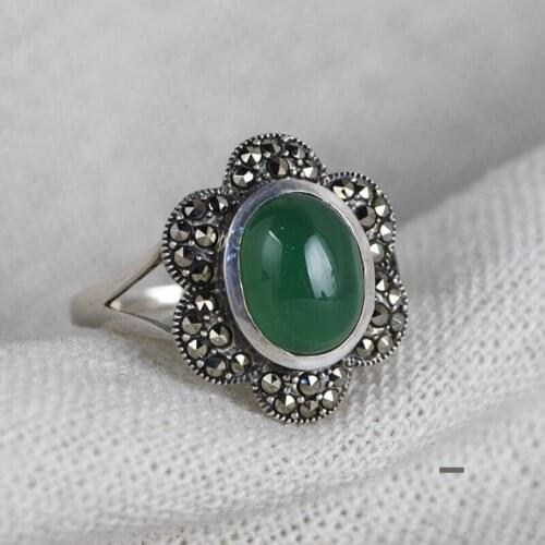 FNJ 925 Silver Ring for Women Jewelry 100% Original Pure S925 Sterling Silver Rings Green Agate Stone MARCASITE