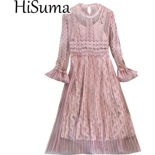 2020 Women Summer Flare Sleeve O-neck Mesh Gauze Pleated Dress Lady Elastic Slim Waist Embroidery Lace Flower Ruffles Midi Dress