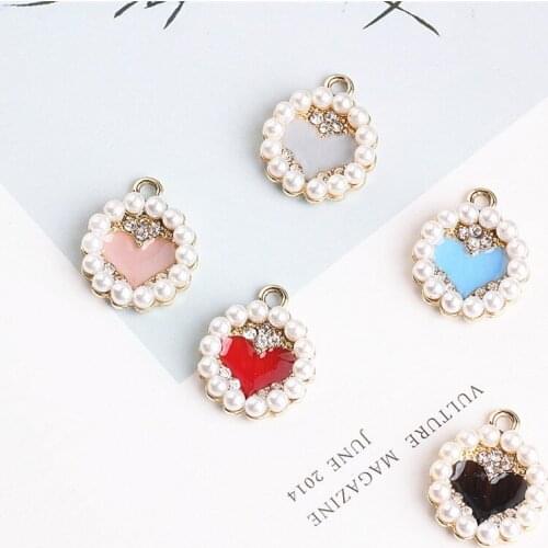 Newest 10Pcs 16*19MM Crystal Rhinestone White Pearl Paved Gold Tone Alloy Round Charms Lovely Enamel Heart Ornament Charms