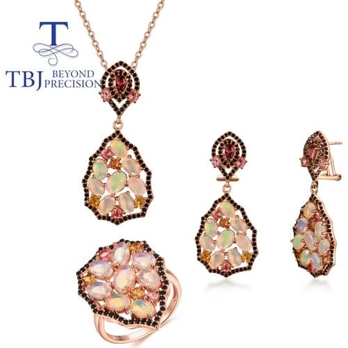Big luxury Opal jewelry set natural Brazil tourmaline opal Ring earring pendant 925 sterling silver fine jewelry for women party