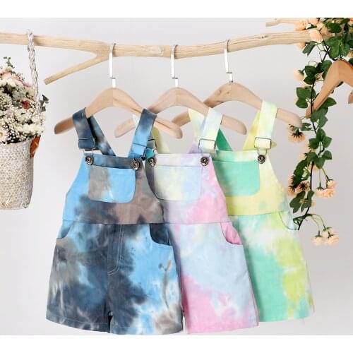 FOCUSNORM 1-5Y Summer Toddler Girls Tie-Dye Printed Overalls Shorts 3 Colors Strap Button Pocket Jumpsuits