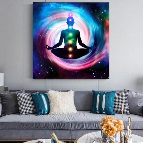 Canvas Painting Art Posters Prints Indian Buddha Meditation 7 Chakra Yoga Sports Wall Art for Living Room Bedroom framed