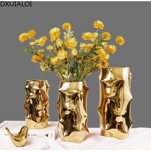 Nordic Simple Creative Plating Golden Ceramic Crafts Vase Housewarming Gift Home Living Room Desktop Flower Arrangement Vase