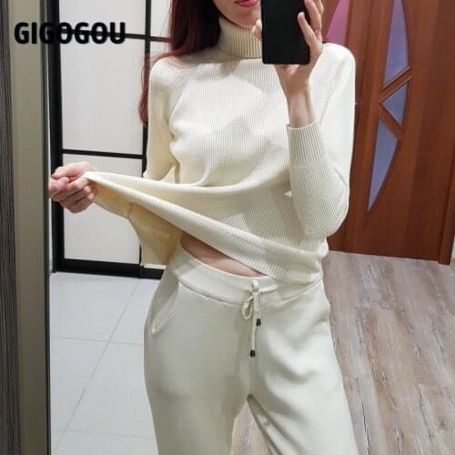 GIGOGOU Long Sleeve Womens Knitted Sweater Suit Autumn Winter Woman Turtleneck Costume Sweater Two Piece Set Tracksuits Pull