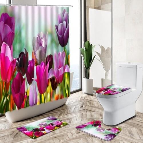 Colorful Tulip Flower Scenery Shower Curtain Rural Natural Landscape Bathroom Decor Non-Slip Carpet Toilet Cover Floor Mat Set