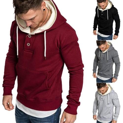 Fashion Men Loose Long Sleeve Button Sport Drawstring Hooded Sweatshirt