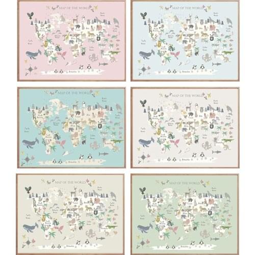 Cartoon World Map Nursery Posters Prints Animals Wall Art Kids Room Bedroom Canvas Painting Decoration Picture For Children Gift