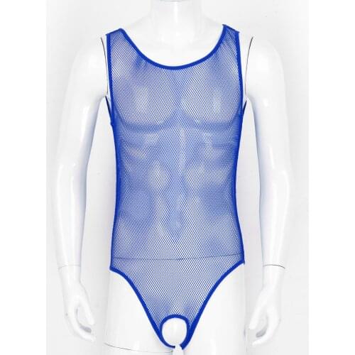 Men Hollow Out See Through Fishnet Lingerie Sleeveless Open Butt Crotchless Erotic Bodysuits Male Gay Sexy Underwear Nightwear