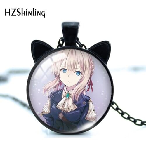 2021 New Anime Violet Evergarden Pendant Necklace Lovely Cat Ear Pendants Glass Cabochon Necklaces Handamde Jewelry