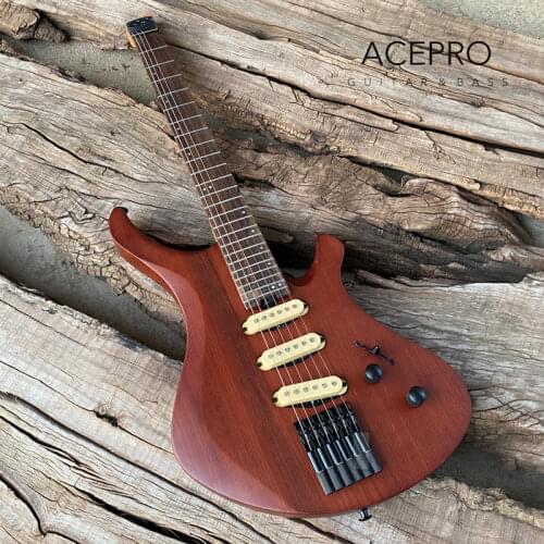 New Arrival Acepro Headless Electric Guitar, Stain Brown Ash body, Roast Maple neck, Black hardware, 3 Single Pickups, 24Frets