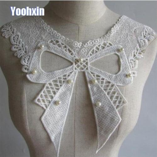 NEW 3D Beads white cotton embroidery DIY flower lace collar Fabric Sewing Applique ribbon trim neckline guipure wedding decor