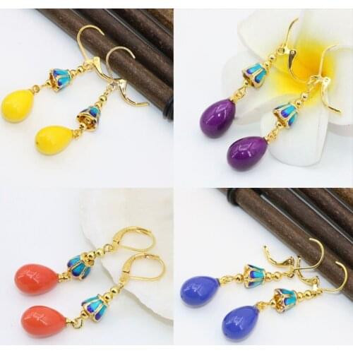 Original design long dangle earrings for women gold-color cloisonne multicolor teardrop baking paint glass drop earrings B2610